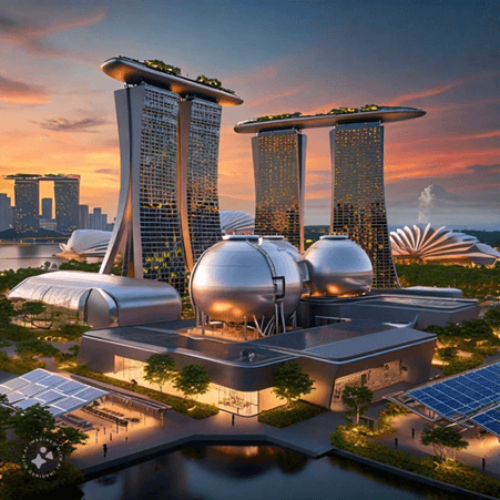 AI-generated image of a future Singapore by clean energy sources such as solar, hydrogen and geothermal. For illustration purposes only.